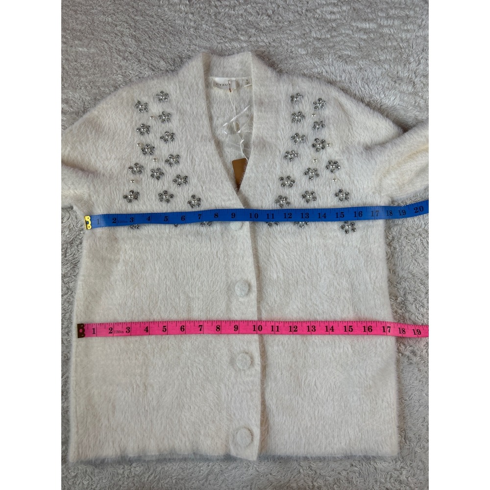 Cyrus Embellished Pearl Crystal Fuzzy Knit Cardigan Sweater Size S NWT - Picture 6 of 7